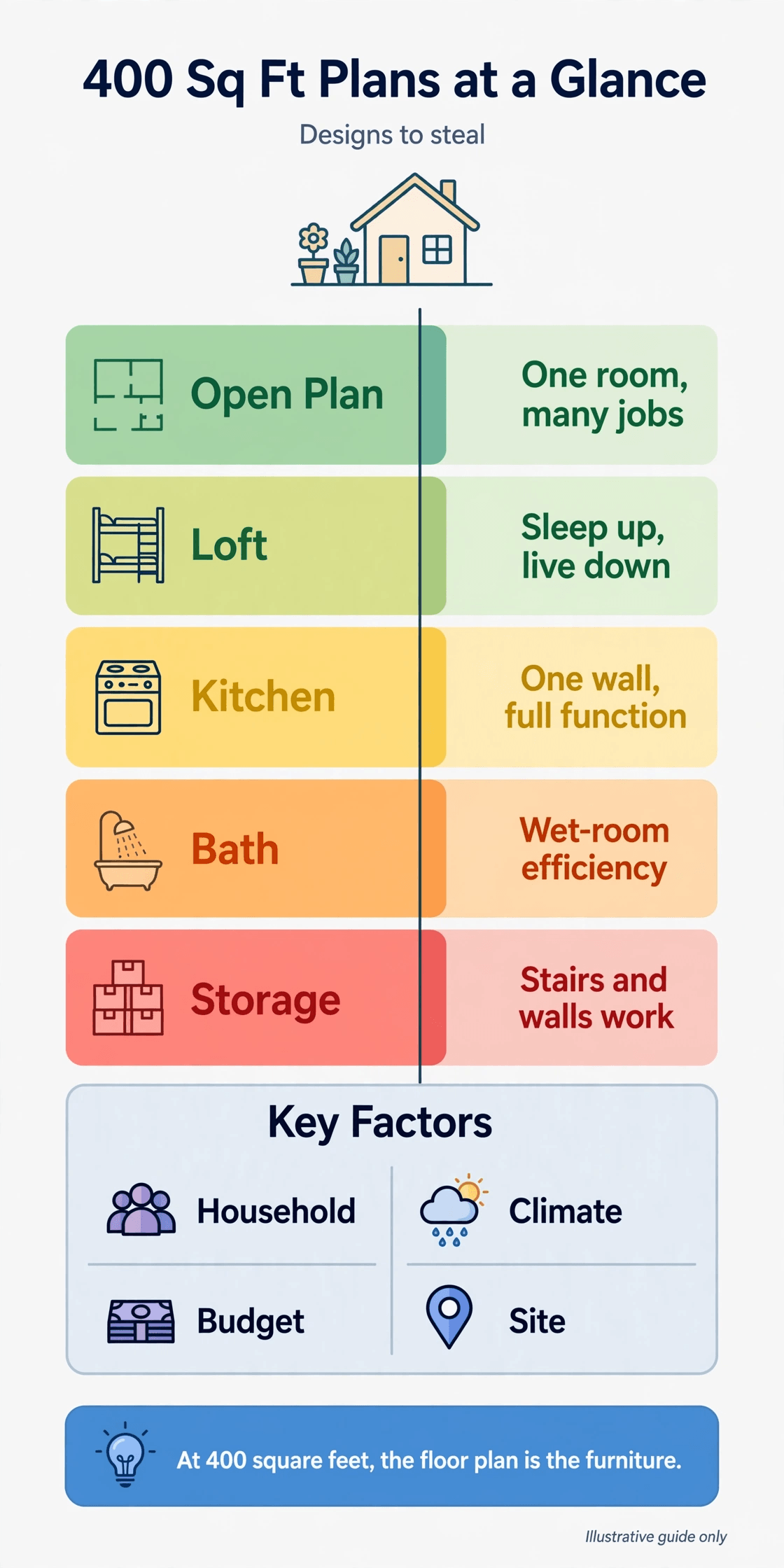 400 sq ft house plans photos infographic summarising layout patterns for a small footprint home