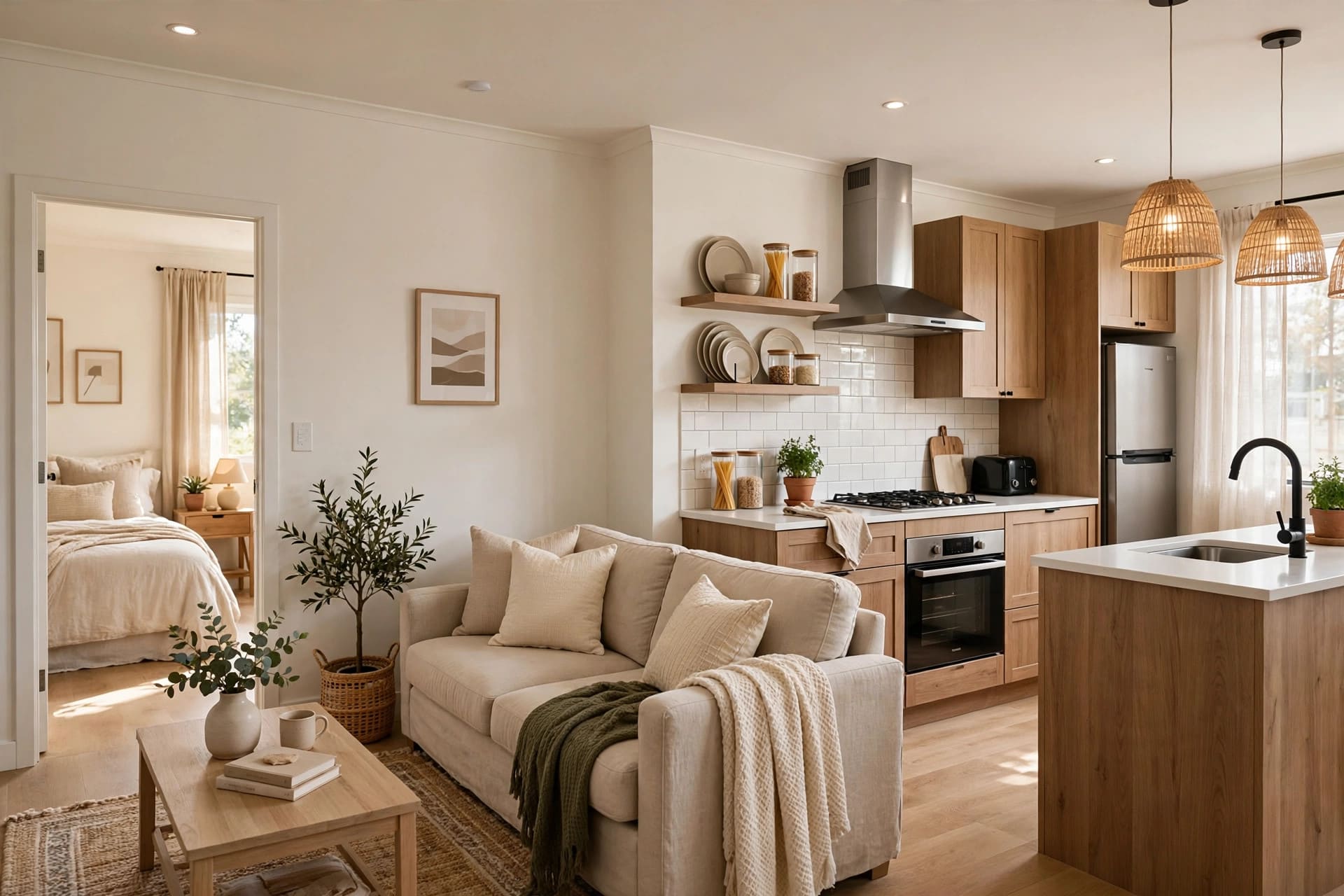 600 sq ft house plans showing a two room small home interior with a kitchen island and a separate bedroom