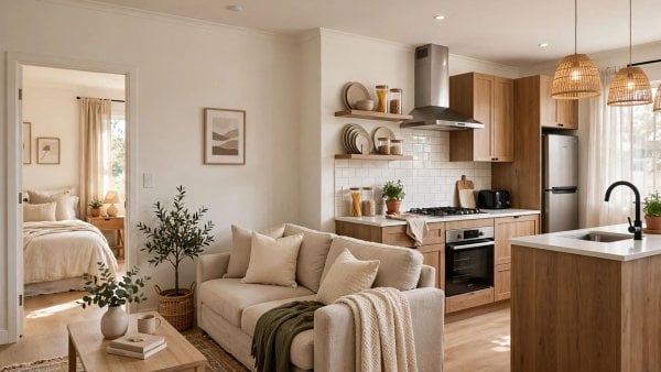 600 sq ft house plans showing a two room small home interior with a kitchen island and a separate bedroom