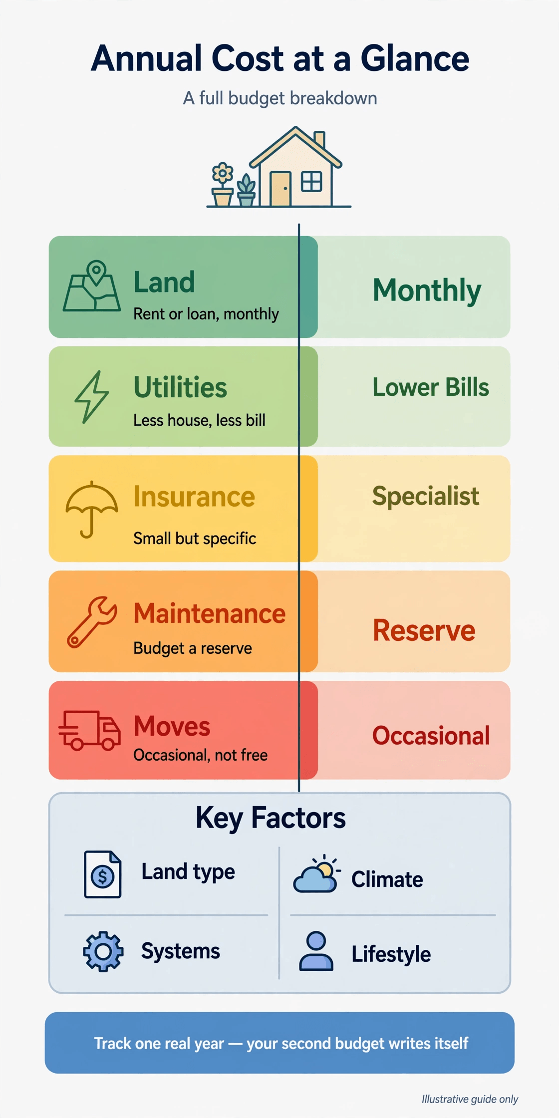 annual cost tiny house living infographic listing land, utilities, insurance, maintenance and seasonal costs