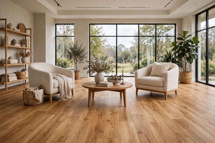 armstrong pryzm reviews: sample planks laid beside a sofa at home