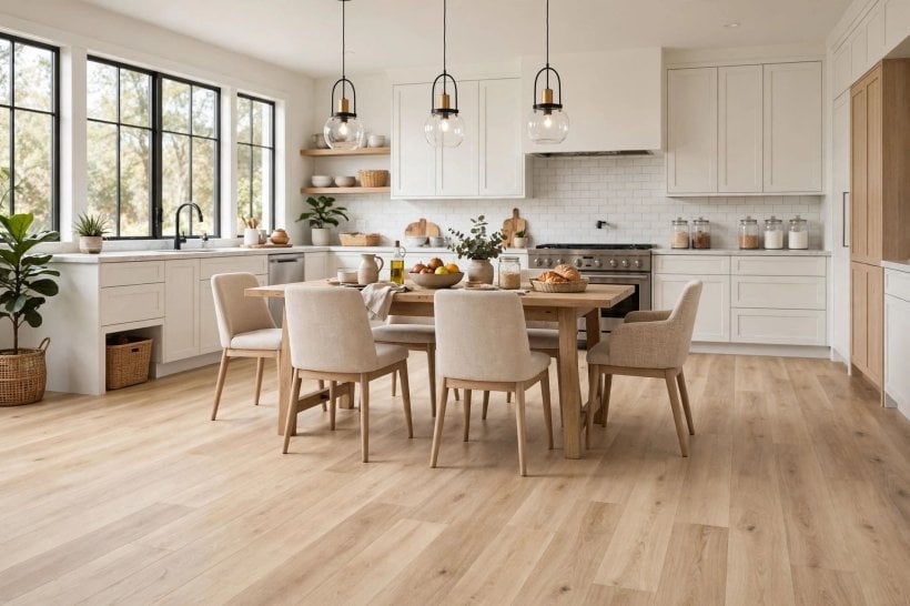 armstrong pryzm reviews: comparing flooring samples and paperwork at a table