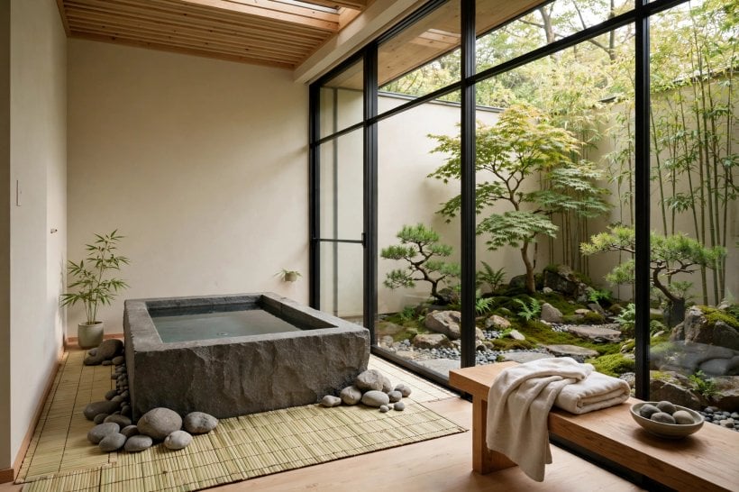 asian bathroom design: deep soaking tub beside a bright window