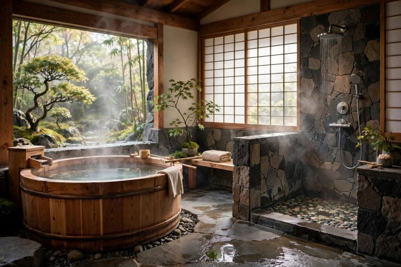 asian bathroom design: walk-in shower with stone walls
