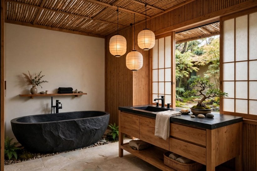 asian bathroom design: folded towels and a wooden tray