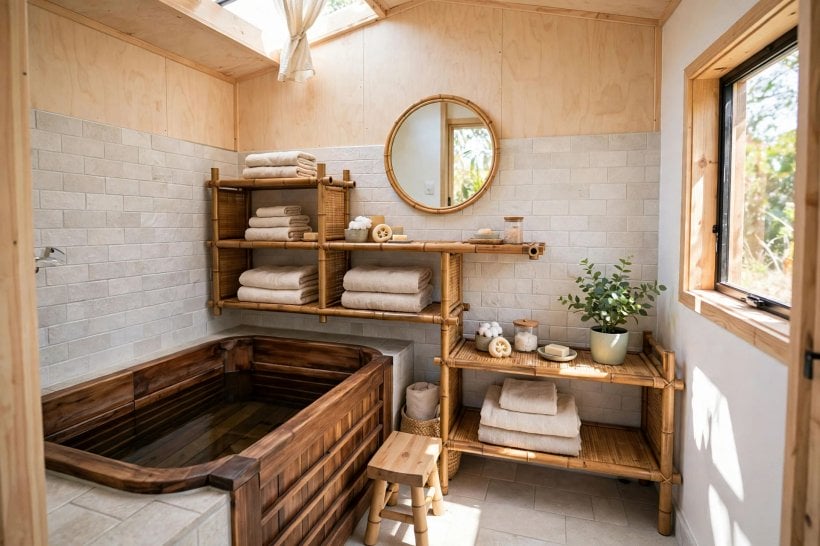 asian bathroom design: green plant beside a stone basin