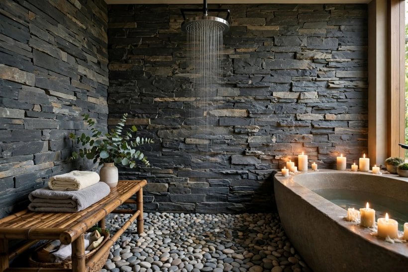 asian bathroom design: neat open shelves with baskets