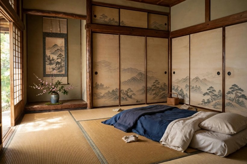 asian inspired rooms: low platform bed in a calm bedroom