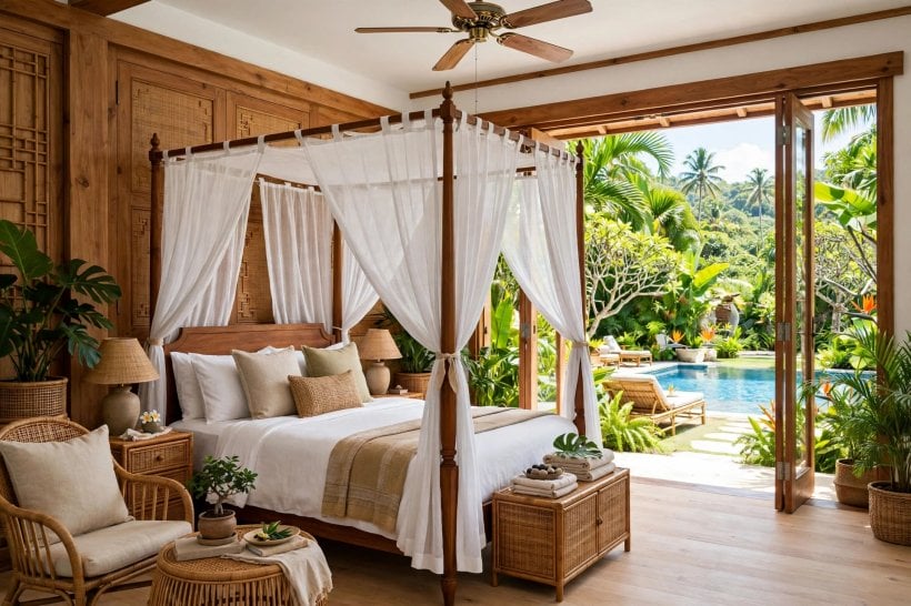 asian inspired rooms: layered natural bedding in neutral tones