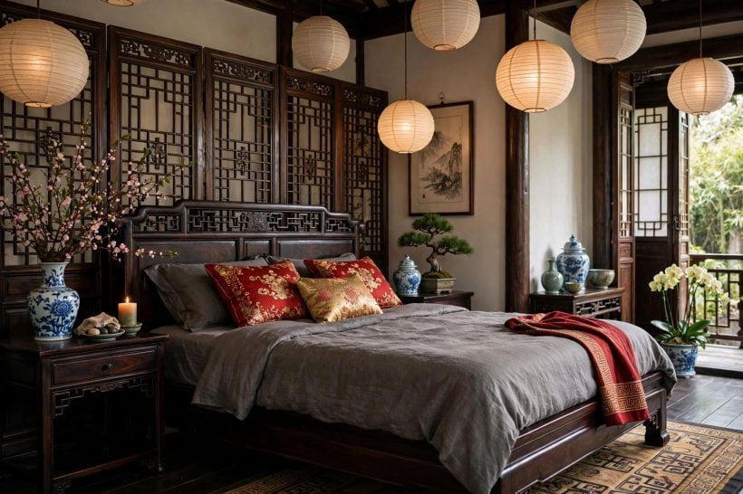 asian inspired rooms: soft green and neutral bedroom palette