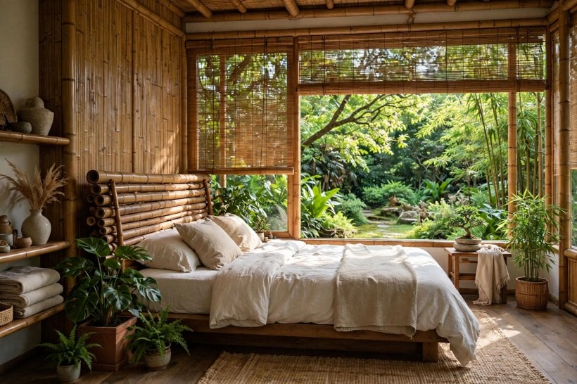 asian inspired rooms: plant and simple art in a serene bedroom