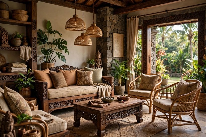 asian decor ideas: warm neutral palette with dark wood