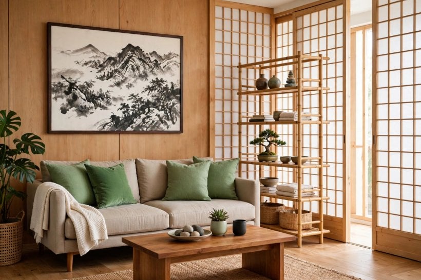 asian decor ideas: hidden storage in a low cabinet