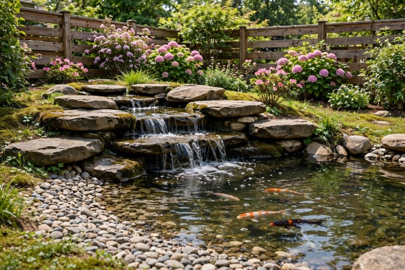 backyard pond waterfall ideas: natural rock cascade into a garden pond
