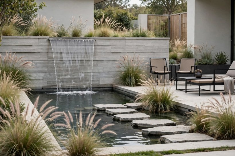 backyard pond waterfall ideas: stone edging and soft planting
