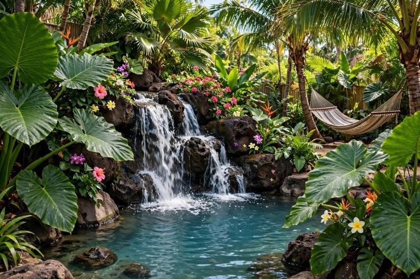 backyard pond waterfall ideas: compact raised pond on a patio