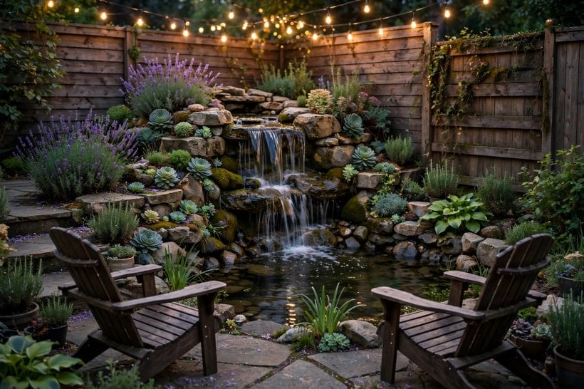 backyard pond waterfall ideas: evening light on moving water