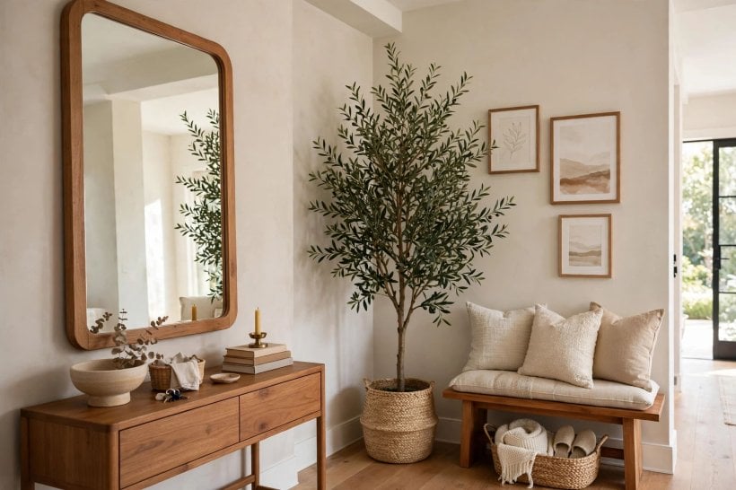 balance interior design: dark bookcase balanced by a bright window and pale seating