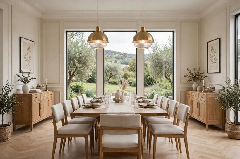 balance interior design: chairs gathered around a round table in a radial dining layout
