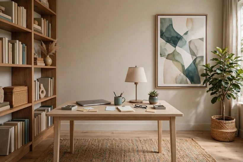 balance interior design: accent colour repeated in cushions art and a rug across the room