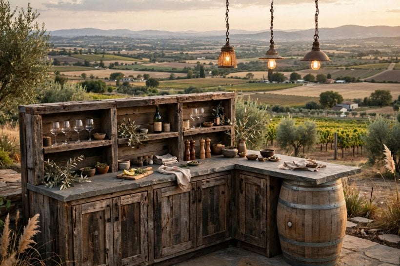bar cabinet ideas: built-in bar cabinet filling a dining room alcove with open shelves
