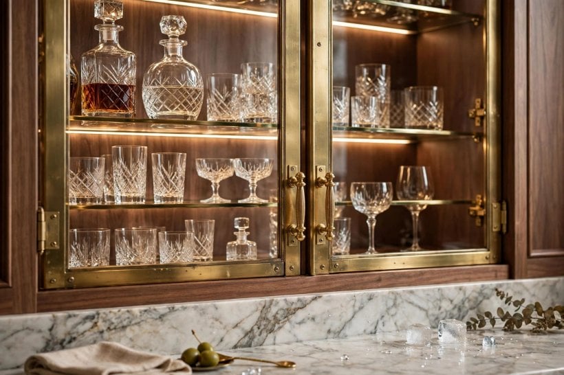 bar cabinet ideas: deep green bar cabinets with brass rails and a stone worktop