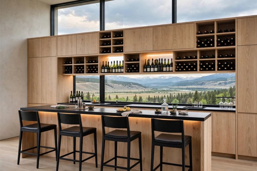 bar cabinet ideas: open shelving with glassware and drawers for bar tools