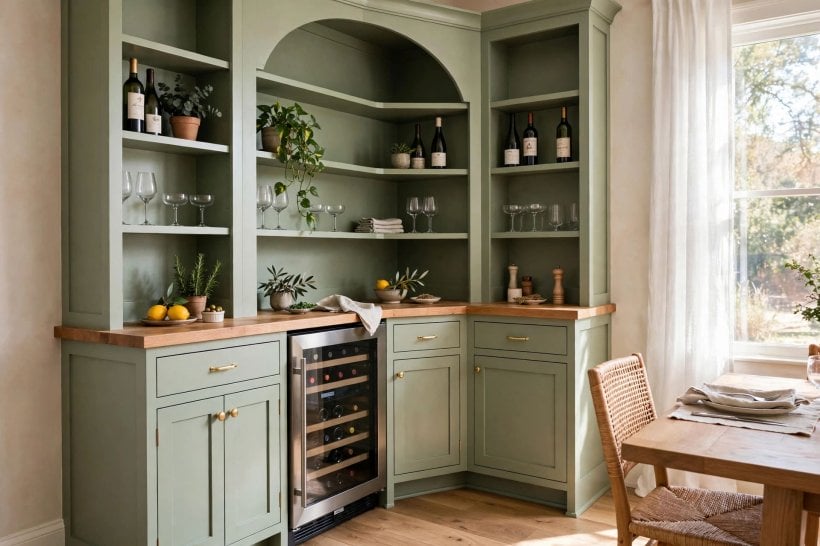 bar cabinet ideas: bar cabinet run with a small sink, wine fridge and marble-effect worktop