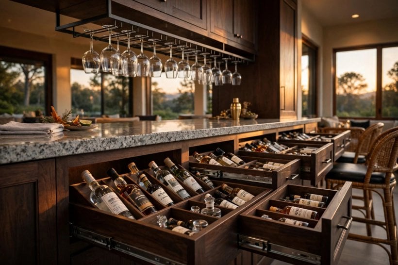 bar cabinet ideas: illuminated glass shelves and pendant lights above a home bar