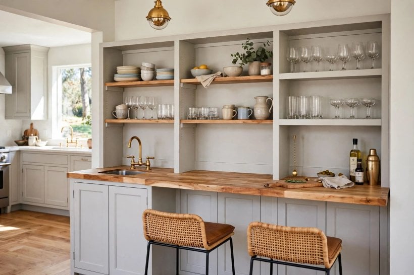 bar cabinet ideas: styled bar shelves with a plant, framed print and grouped glassware
