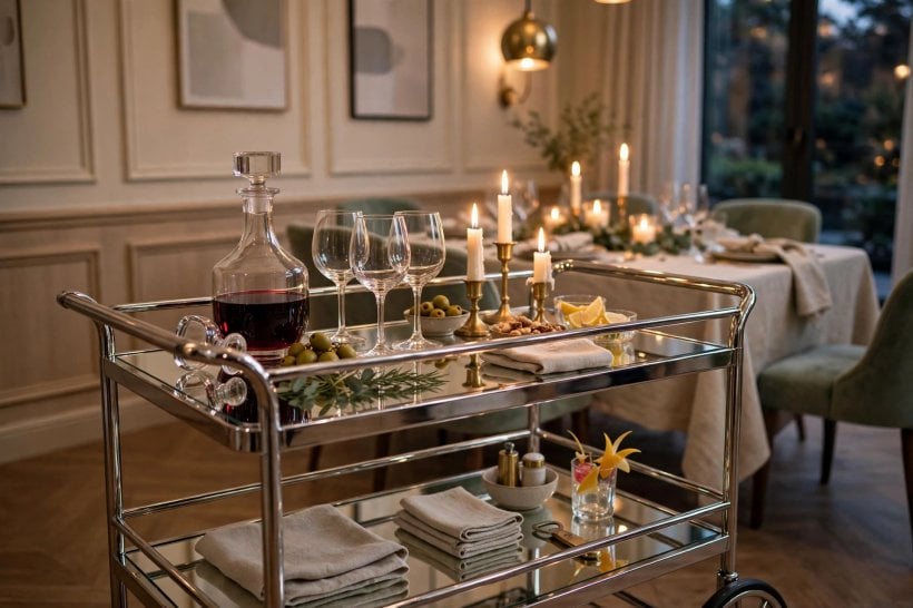 bar cart ideas: rectangular two-tier cart styled against a living room wall