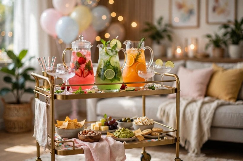 bar cart ideas: wooden rattan cart with plants and glassware in a bright corner