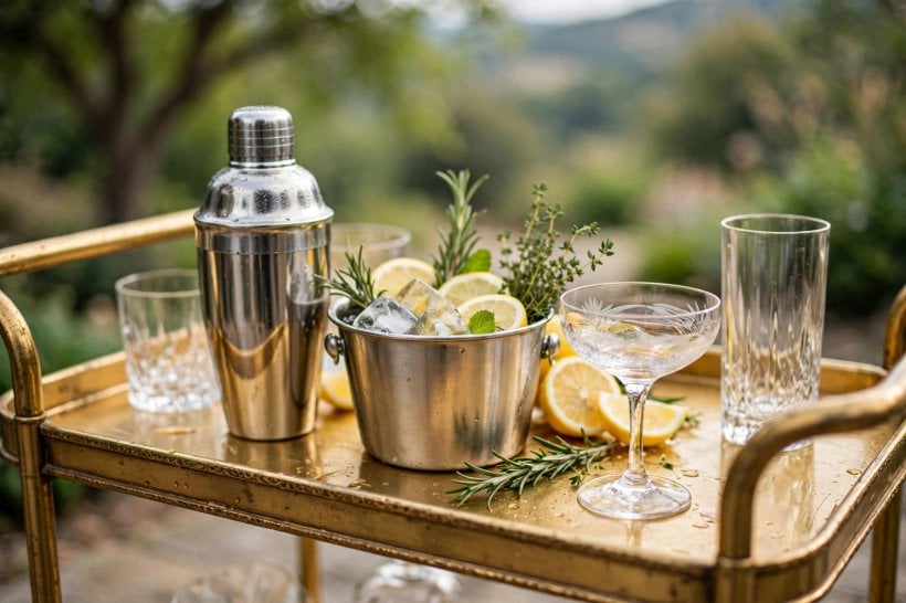 bar cart ideas: mirrored shelves with crystal glassware and a brass frame