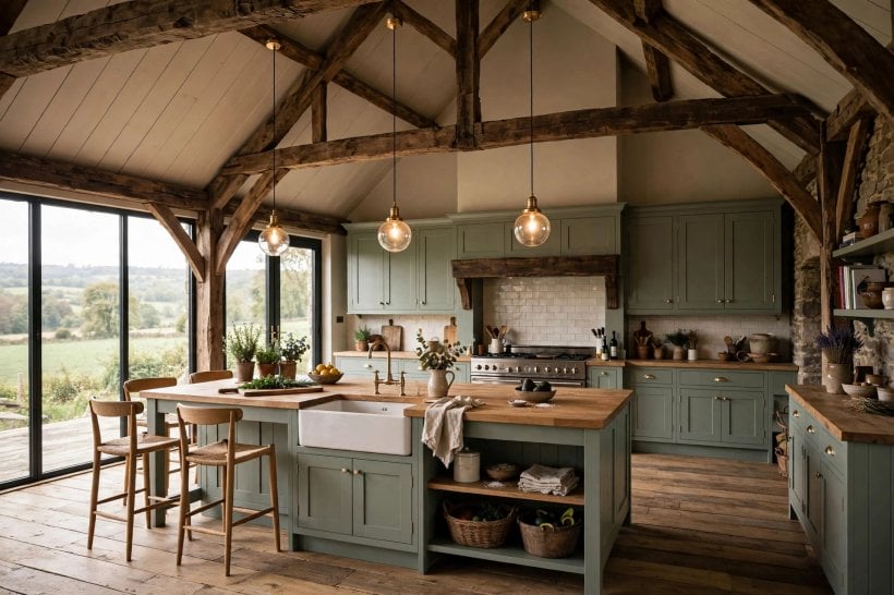 barns turned into homes: exposed timber trusses and stone walls in a converted barn