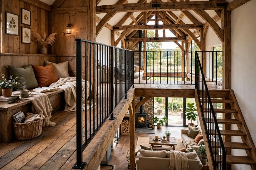 barns turned into homes: mezzanine gallery overlooking the main living space
