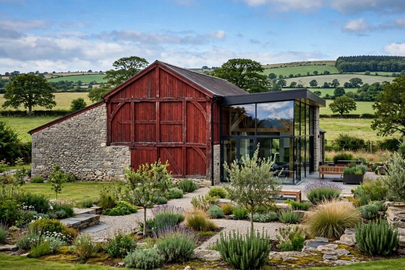 barns turned into homes: glazed barn doors filling the interior with daylight