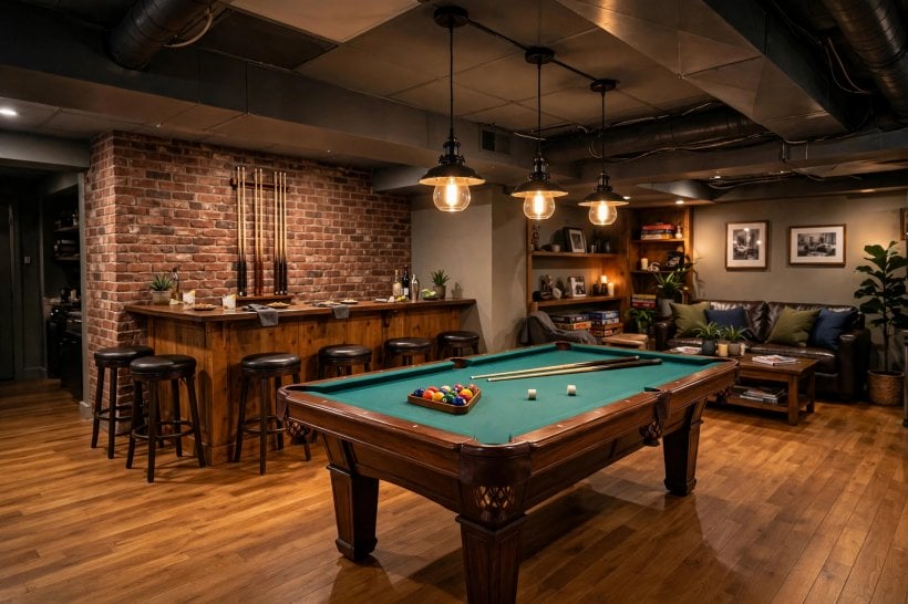 basement game room: open layout with a central table and bench seating