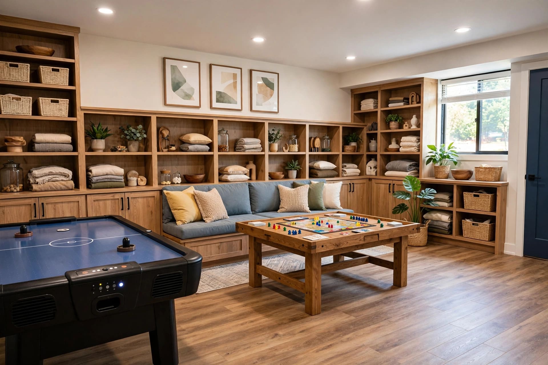 basement game room: screen wall with arcade corner and soft seating