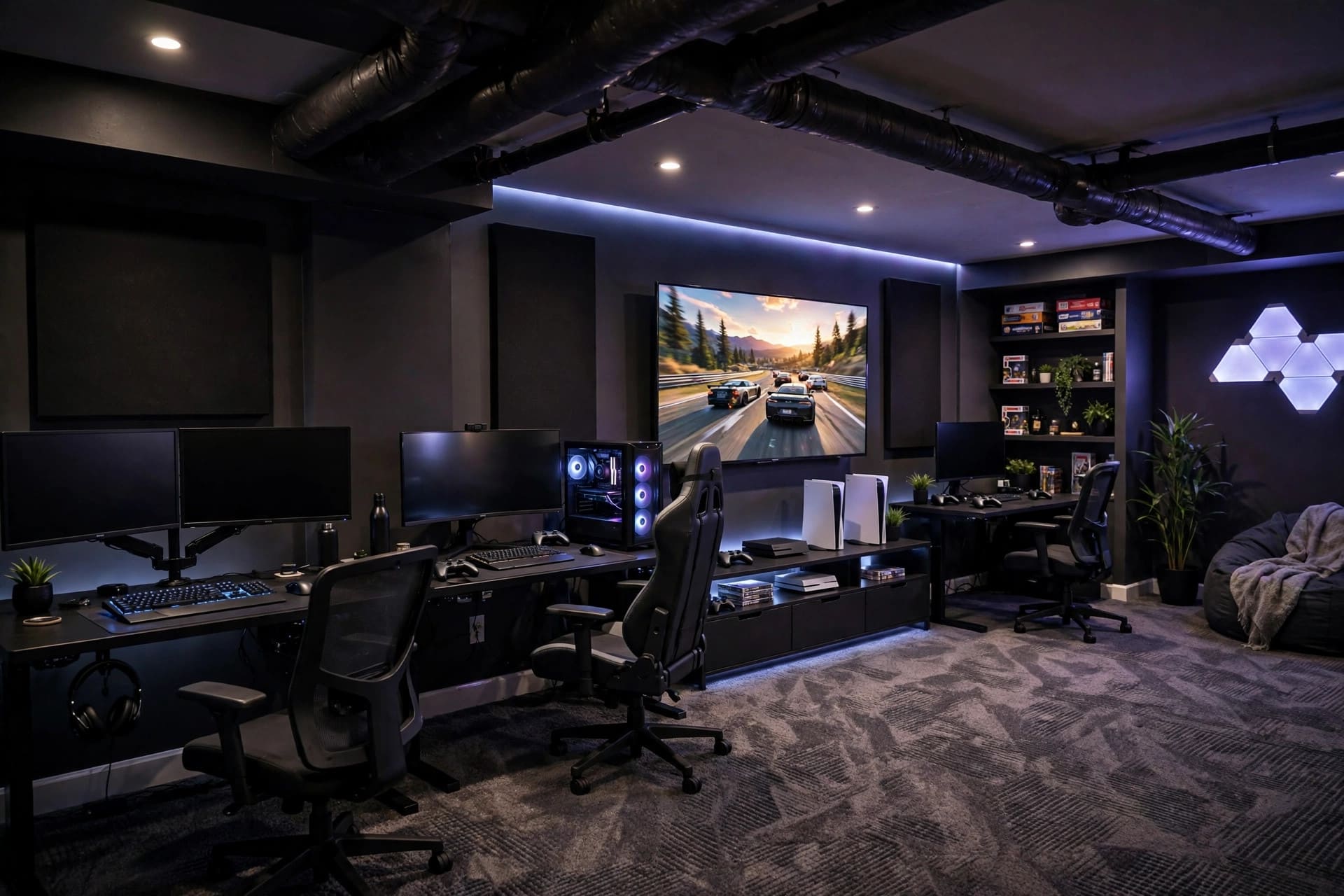 basement game room: layered lighting over a games table at night