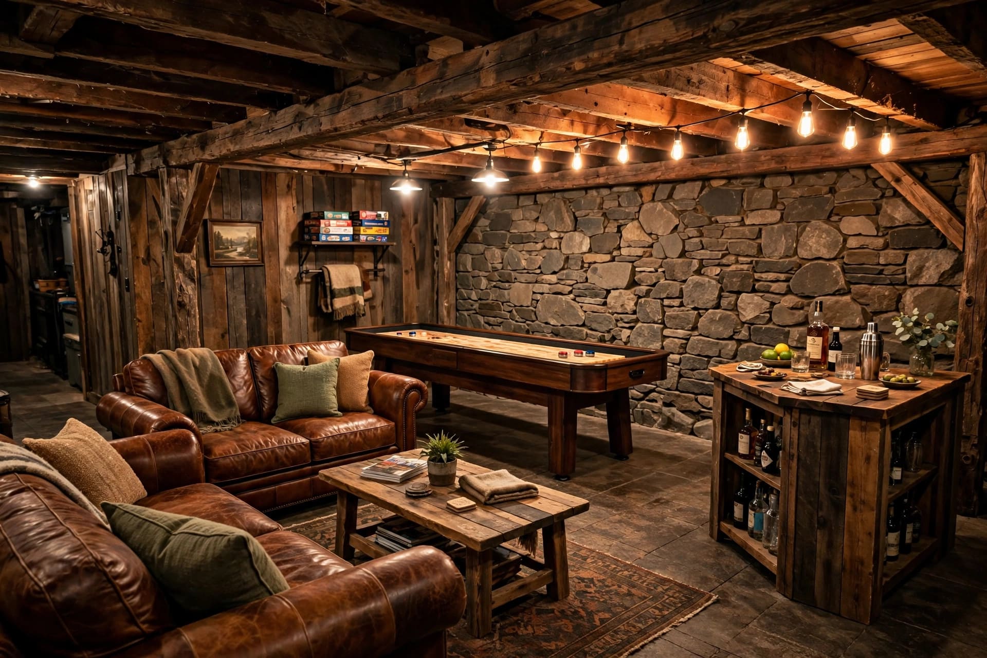 basement game room: durable plank flooring with a large washable rug