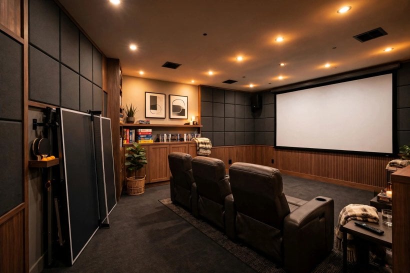 basement game room: dark screen wall with pale surrounding walls