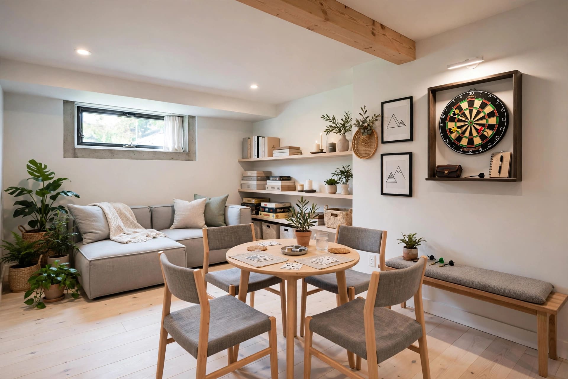 basement game room: raised furniture and a tidy, dry storage wall