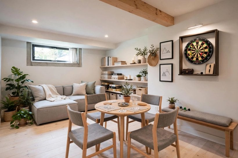 basement game room: raised furniture and a tidy, dry storage wall
