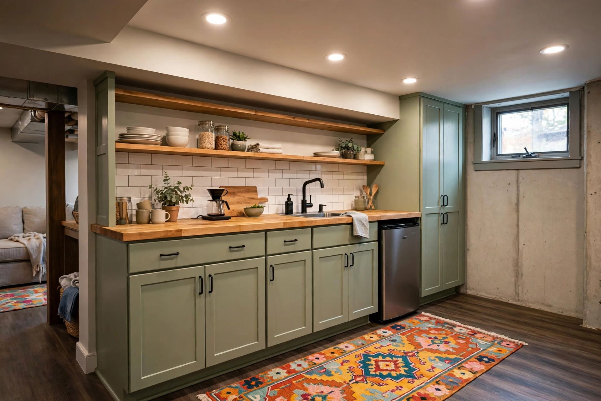 basement kitchen: single-wall layout with a slim island