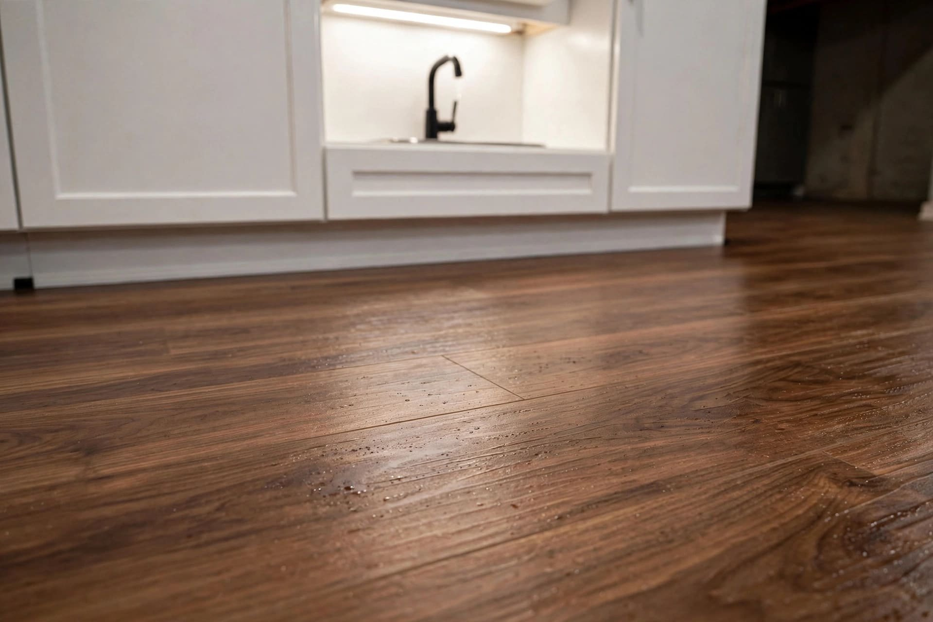 basement kitchen: two-tone cabinets under warm lighting