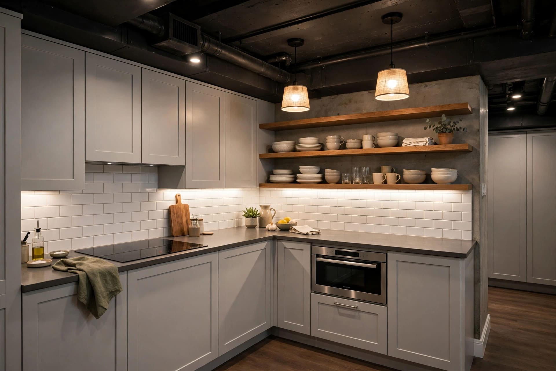 basement kitchen: compact appliances beside a deep sink