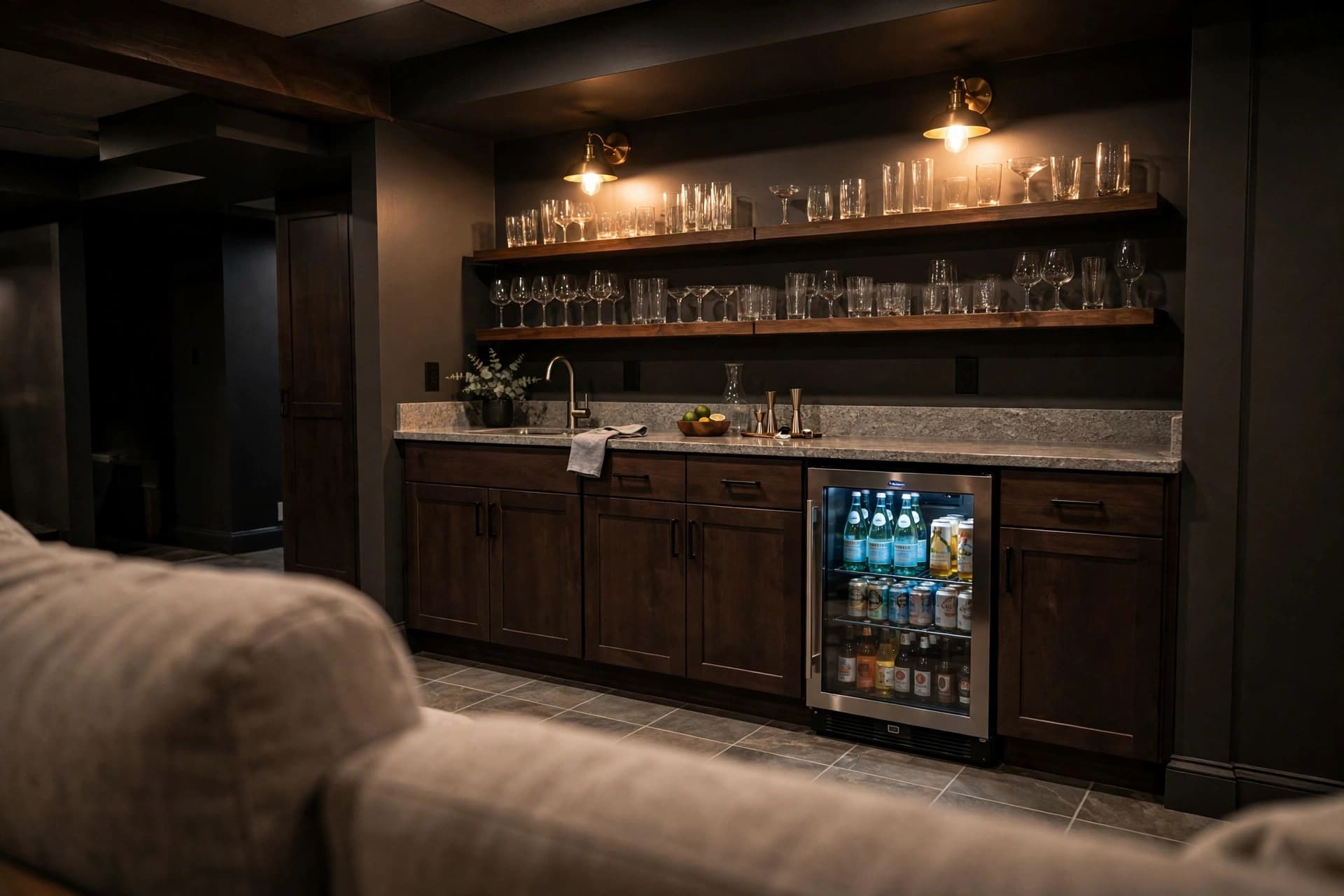 basement kitchen: tidy services zone with open shelving