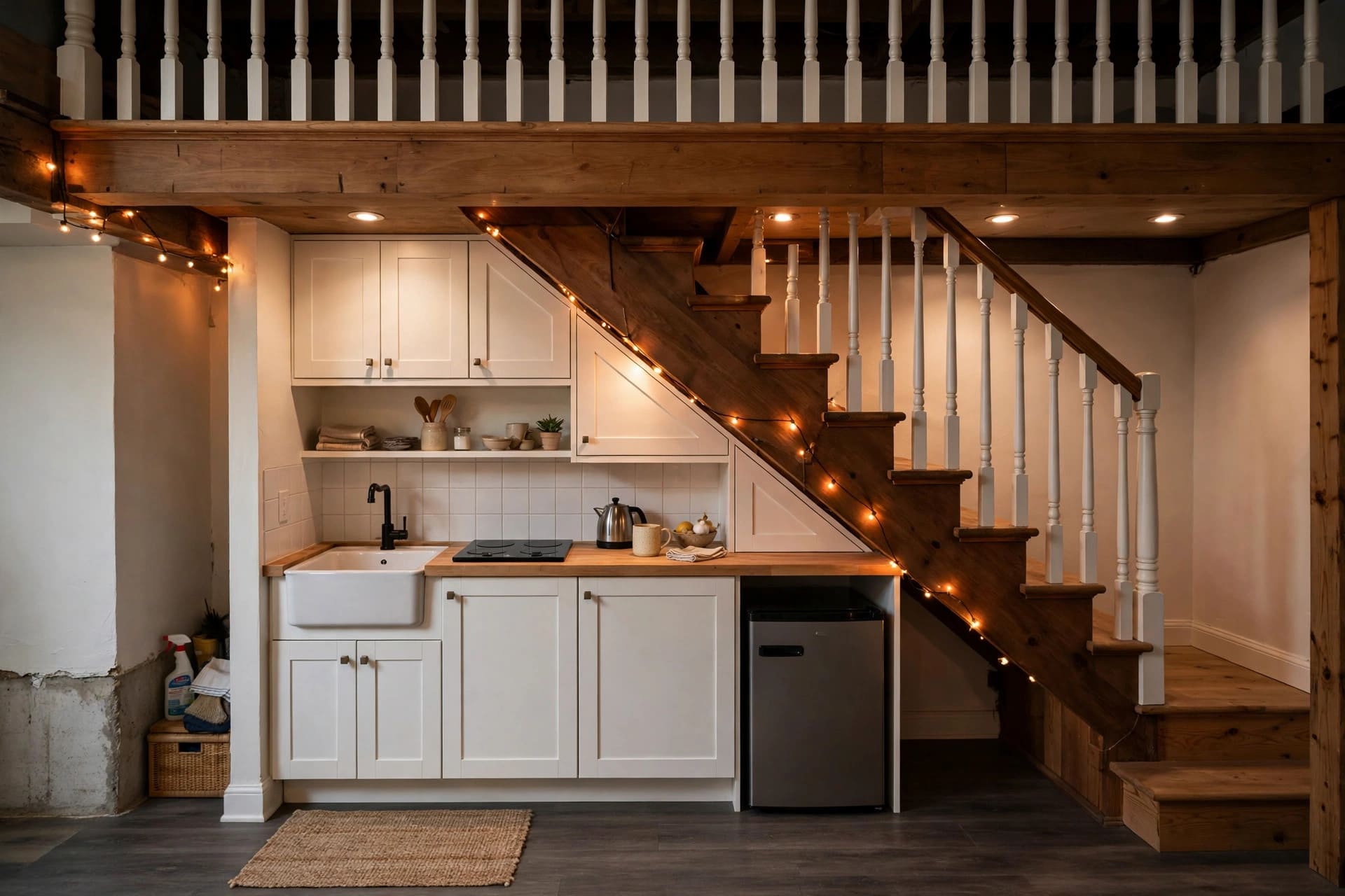 basement kitchen: layered lighting over light worktops