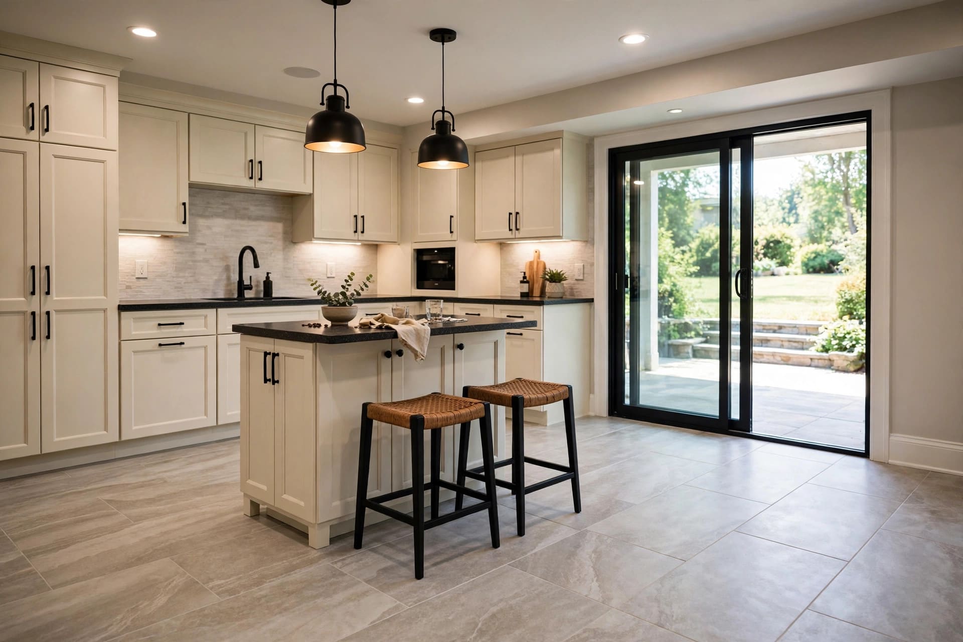 basement kitchen: soft colour scheme with textured tiles