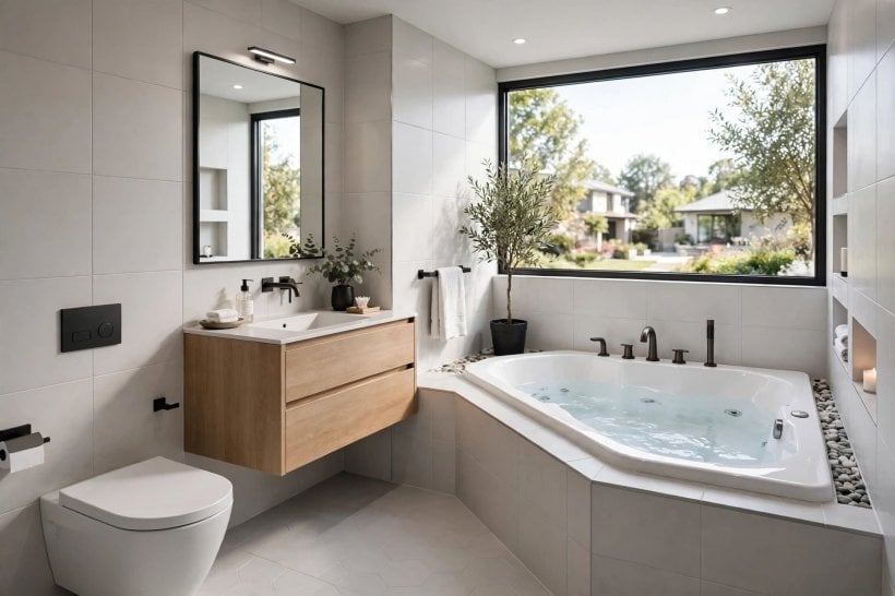 hot tub: alcove layout with a deep soaking tub and a tidy tiled ledge